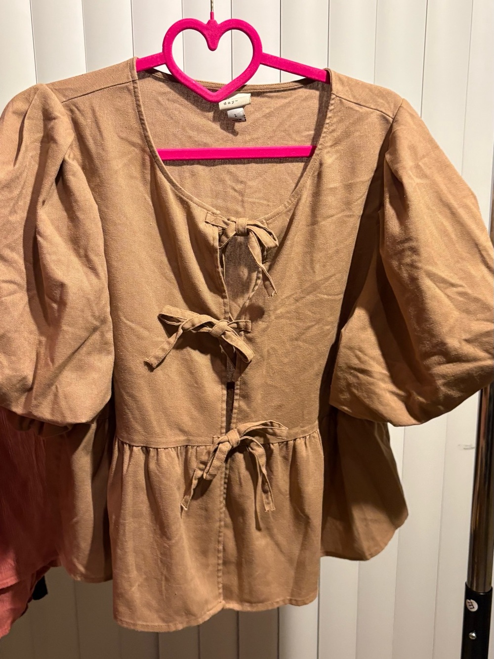 a new day Tan Puff-Sleeve Tie-Front Peplum Blouse